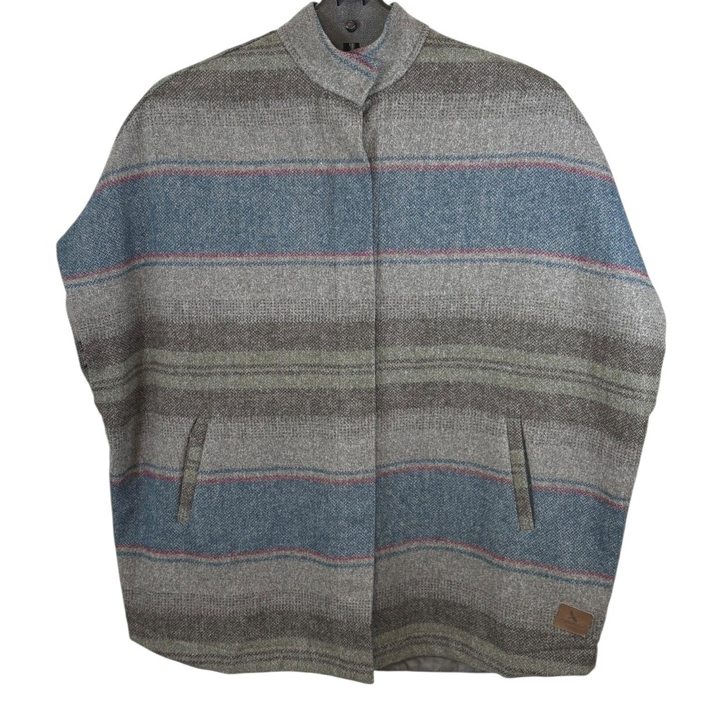 Eddie‎ Bauer Womens Wool Blend Striped Poncho Cape Gray Blue Snap Front